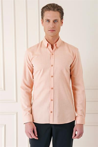 Slim Fit Düğmeli Yaka Dokulu %100 Pamuk Klasik Somon Gömlek Gk 724