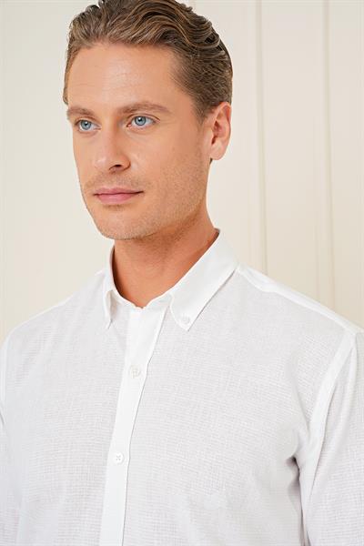 Slim Fit Düğmeli Yaka Dokulu %100 Pamuk Klasik Beyaz Gömlek Gk 726