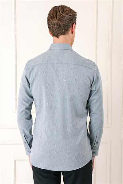 Slim Fit Düğmeli Yaka Dokulu %100 Pamuk Gri Gömlek Gk 724