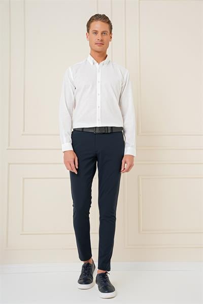 Slim Fit Düğmeli Yaka Dokulu %100 Pamuk Klasik Beyaz Gömlek Gk 726