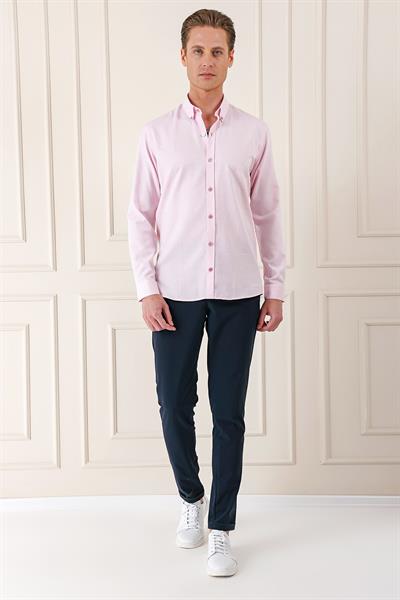 Slim Fit Düğmeli Yaka Dokulu %100 Pamuk Pudra Gömlek Gk 724