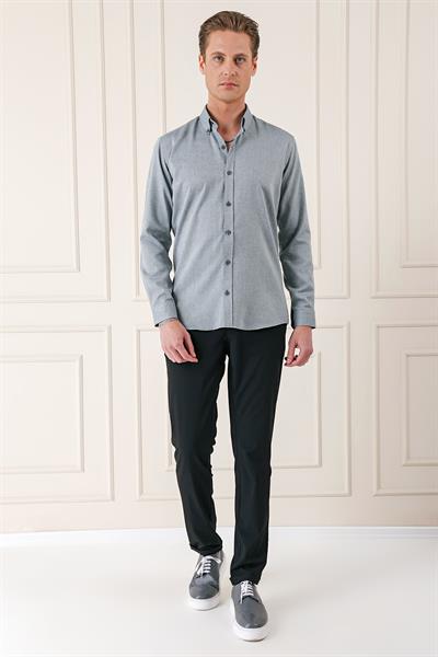 Slim Fit Düğmeli Yaka Dokulu %100 Pamuk Gri Gömlek Gk 724