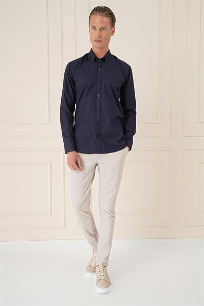 Slim Fit Düğmeli Yaka Dokulu %100 Pamuk Lacivert Gömlek Gk 726