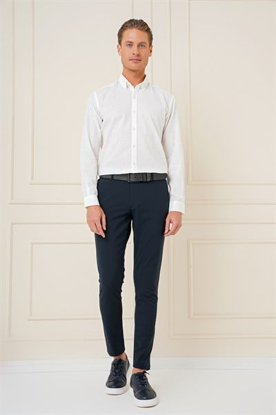 Slim Fit Düğmeli Yaka Dokulu %100 Pamuk Beyaz Gömlek Gk 726