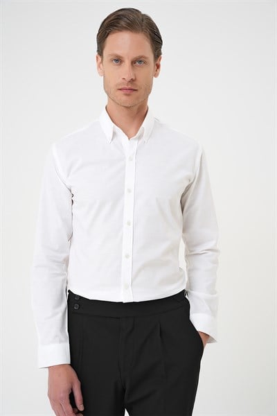 Slim Fit Düğmeli Yaka Dokulu %100 Pamuk Beyaz 2 Gömlek Gk 726