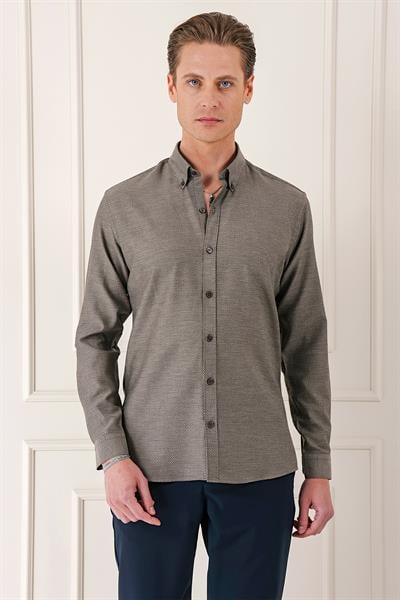 Slim Fit Düğmeli Yaka Dokulu %100 Pamuk Klasik Kahverengi Gömlek Gk 724