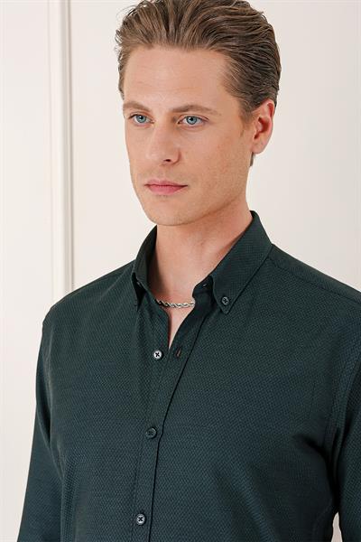 Slim Fit Düğmeli Yaka Dokulu %100 Pamuk Klasik Siyah Gömlek Gk 724