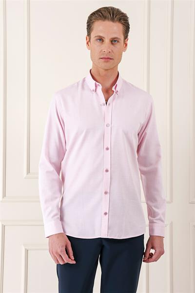Slim Fit Düğmeli Yaka Dokulu %100 Pamuk Pudra Gömlek Gk 724