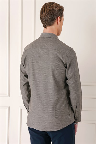 Slim Fit Düğmeli Yaka Dokulu %100 Pamuk Kahverengi Gömlek Gk 724