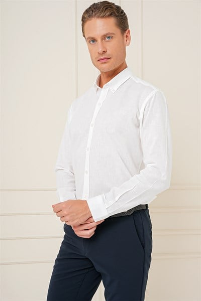 Slim Fit Düğmeli Yaka Dokulu %100 Pamuk Beyaz Gömlek Gk 726