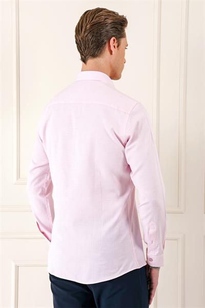 Slim Fit Düğmeli Yaka Dokulu %100 Pamuk Pudra Gömlek Gk 724