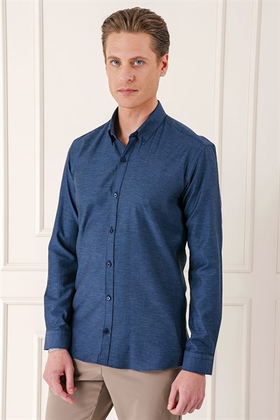 Slim Fit Düğmeli Yaka Dokulu %100 Pamuk Klasik Lacivert Gömlek Gk 724