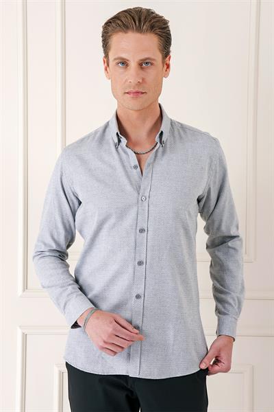Slim Fit Düğmeli Yaka Dokulu %100 Pamuk Klasik Açık Gri Gömlek Gk 724