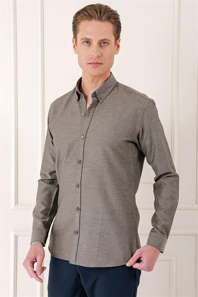 Slim Fit Düğmeli Yaka Dokulu %100 Pamuk Kahverengi Gömlek Gk 724