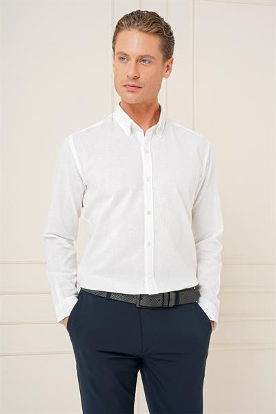Slim Fit Düğmeli Yaka Dokulu %100 Pamuk Klasik Beyaz Gömlek Gk 726