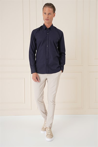 Slim Fit Düğmeli Yaka Dokulu %100 Pamuk Lacivert Gömlek Gk 726
