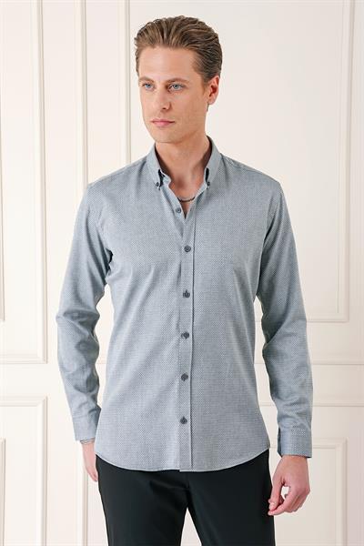 Slim Fit Düğmeli Yaka Dokulu %100 Pamuk Gri Gömlek Gk 724