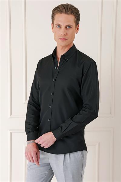 Slim Fit Düğmeli Yaka Dokulu Pamuklu Klasik Siyah Gömlek Gk 717