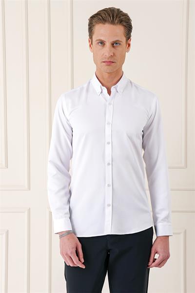 Slim Fit Düğmeli Yaka Dokulu Pamuklu Klasik Beyaz Gömlek Gk 717
