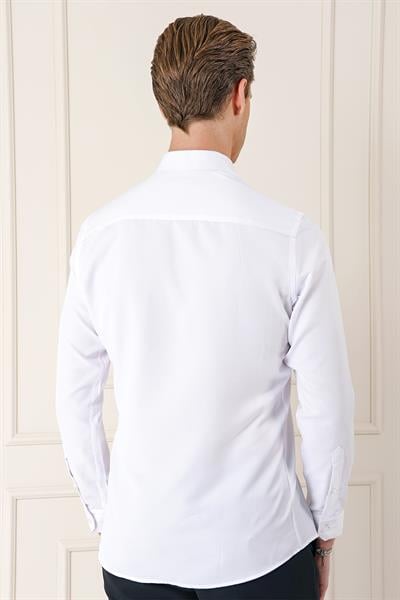 Slim Fit Düğmeli Yaka Dokulu Pamuklu Klasik Beyaz Gömlek Gk 717