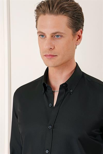 Slim Fit Düğmeli Yaka Dokulu Pamuklu Klasik Siyah Gömlek Gk 717