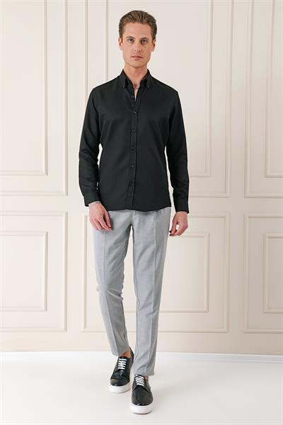 Slim Fit Düğmeli Yaka Dokulu Pamuklu Klasik Siyah Gömlek Gk 717