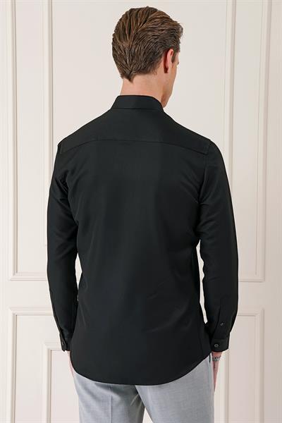 Slim Fit Düğmeli Yaka Dokulu Pamuklu Klasik Siyah Gömlek Gk 717
