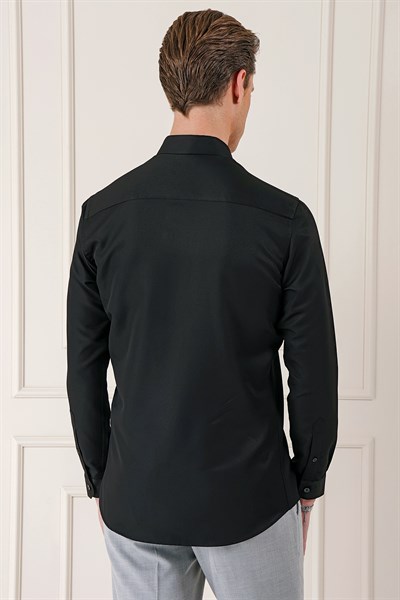 Slim Fit Düğmeli Yaka Dokulu Pamuklu Siyah Gömlek Gk 717