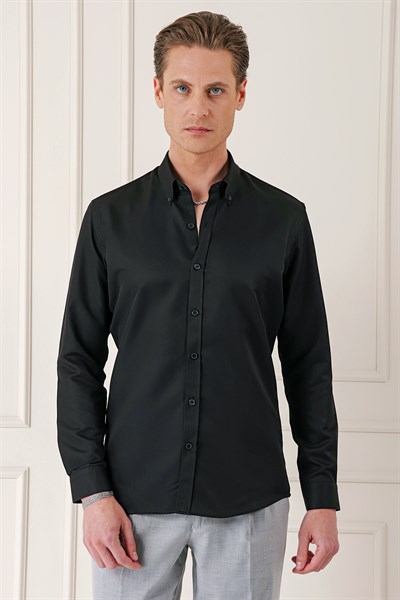 Slim Fit Düğmeli Yaka Dokulu Pamuklu Siyah Gömlek Gk 717