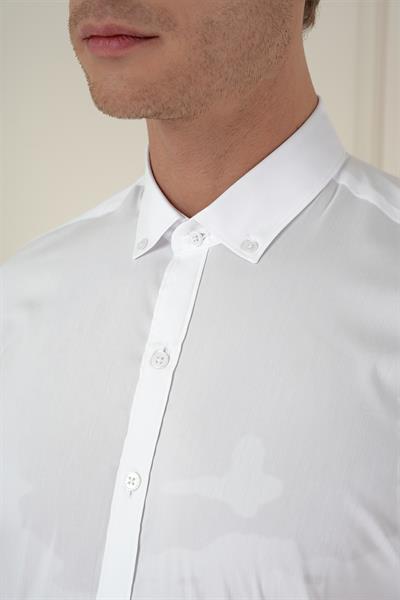 Slim Fit Düğmeli Yaka Esnek Klasik Beyaz Gömlek  Gk 746
