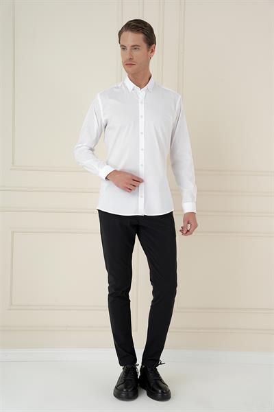 Slim Fit Düğmeli Yaka Esnek Klasik Beyaz Gömlek  Gk 746
