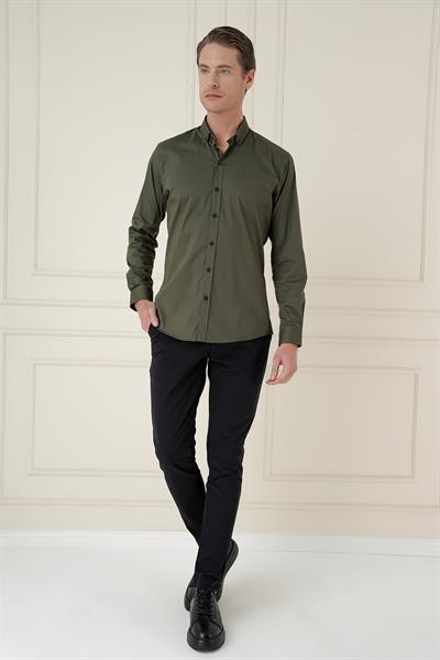 Slim Fit Düğmeli Yaka Esnek Pamuklu Haki Gömlek GK 746