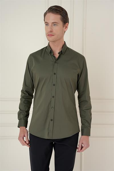 Slim Fit Düğmeli Yaka Esnek Pamuklu Haki Gömlek GK 746