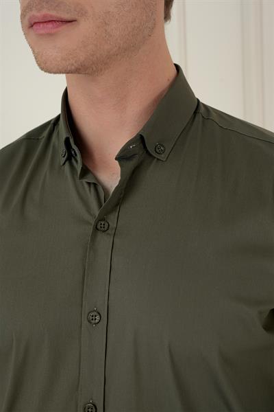 Slim Fit Düğmeli Yaka Esnek Pamuklu Haki Gömlek GK 746