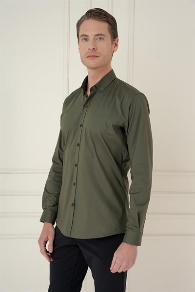 Slim Fit Düğmeli Yaka Esnek Pamuklu Haki Gömlek GK 746