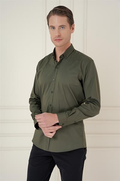 Slim Fit Düğmeli Yaka Esnek Pamuklu Haki Gömlek GK 746