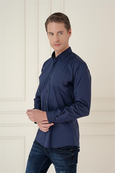Slim Fit Düğmeli Yaka Esnek Klasik Lacivert Gömlek  Gk 746