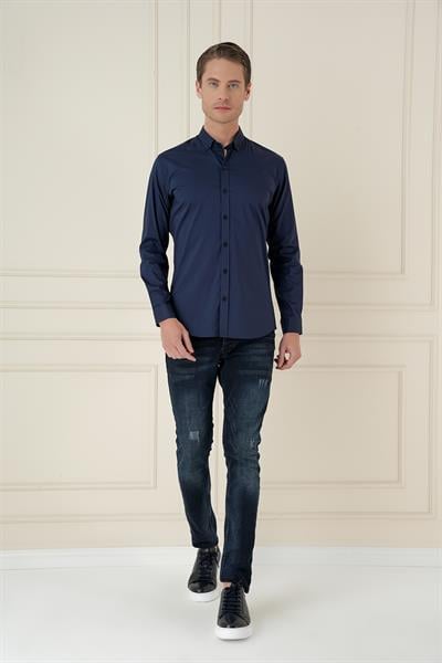 Slim Fit Düğmeli Yaka Esnek Klasik Lacivert Gömlek  Gk 746