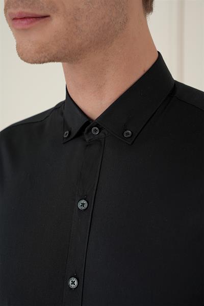 Slim Fit Düğmeli Yaka Esnek Pamuklu Siyah Gömlek GK 746