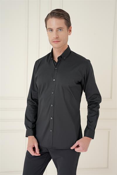 Slim Fit Düğmeli Yaka Esnek Pamuklu Siyah Gömlek GK 746