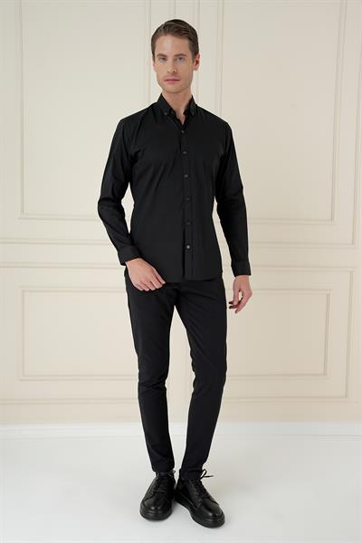 Slim Fit Düğmeli Yaka Esnek Pamuklu Siyah Gömlek GK 746