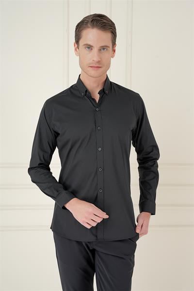 Slim Fit Düğmeli Yaka Esnek Klasik Siyah Gömlek  Gk 746
