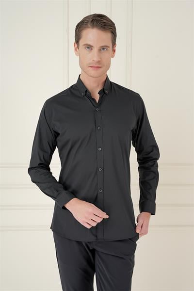 Slim Fit Düğmeli Yaka Esnek Pamuklu Siyah Gömlek GK 746