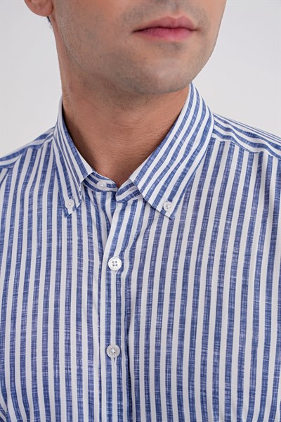 Slim Fit Düğmeli Yaka Esnek Pamuk Çizgili Lacivert Gömlek G 1598