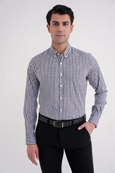 Slim Fit Düğmeli Yaka Esnek Pamuk Çizgili Siyah Gömlek G 1598