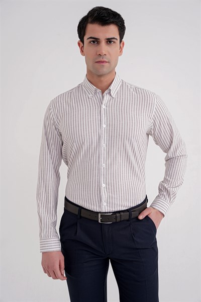 Slim Fit Düğmeli Yaka Esnek Pamuk Çizgili Bej Gömlek G 1598
