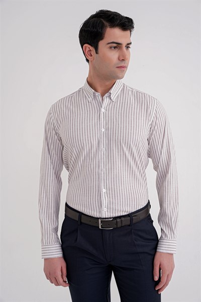 Slim Fit Düğmeli Yaka Esnek Pamuk Çizgili Bej Gömlek G 1598
