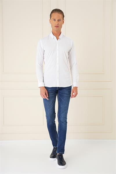 Slim Fit Düğmeli Yaka Esnek Pamuk Klasik Beyaz Gömlek Gk 727