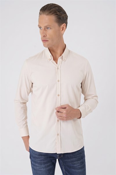 Slim Fit Düğmeli Yaka Esnek Pamuk Bej Gömlek Gk 727