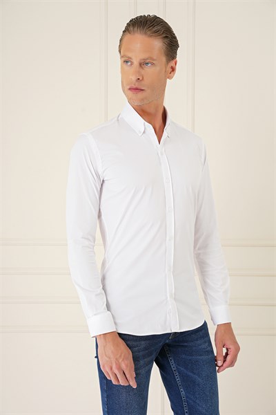 Slim Fit Düğmeli Yaka Esnek Pamuk Beyaz Gömlek Gk 727
